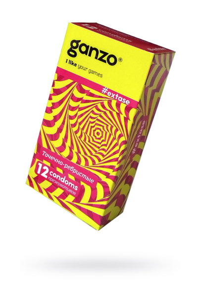 Презервативы Ganzo, extase, латекс, точечные, ребристые, анатомичные, 18 см, 5,2 см, 12 шт.