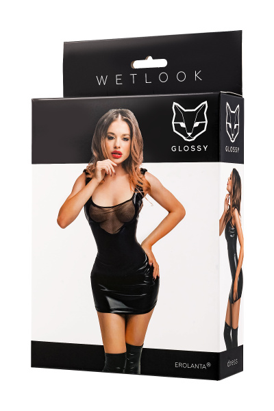 Платье Glossy Rimma с сеточкой из материала Wetlook, черное, S