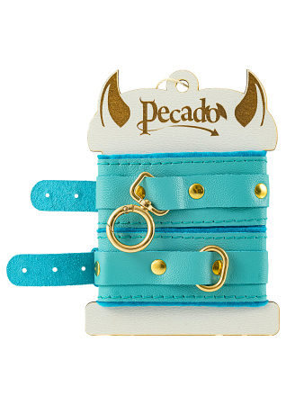 Оковы Pecado BDSM, «МИНИ» двуслойный, оригинальная сцепка, натуральная кожа, голубой